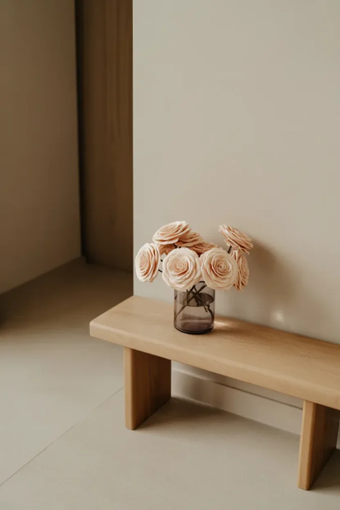 1. Minimalist Bench with Paper Rose Vase