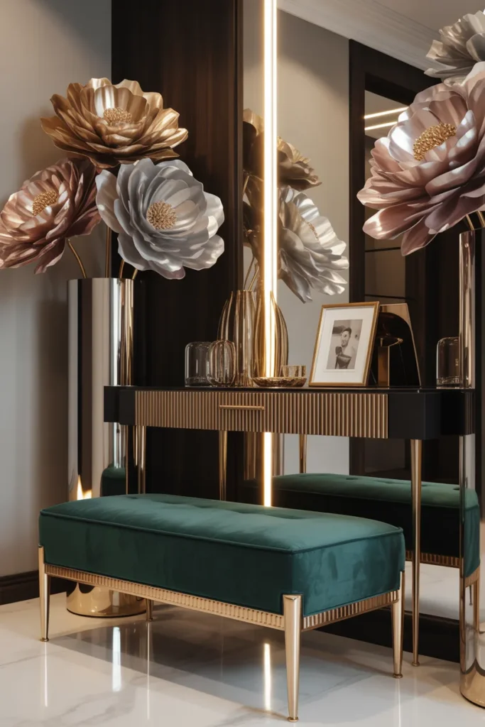 11. Glam Bench with Metallic Paper Flowers