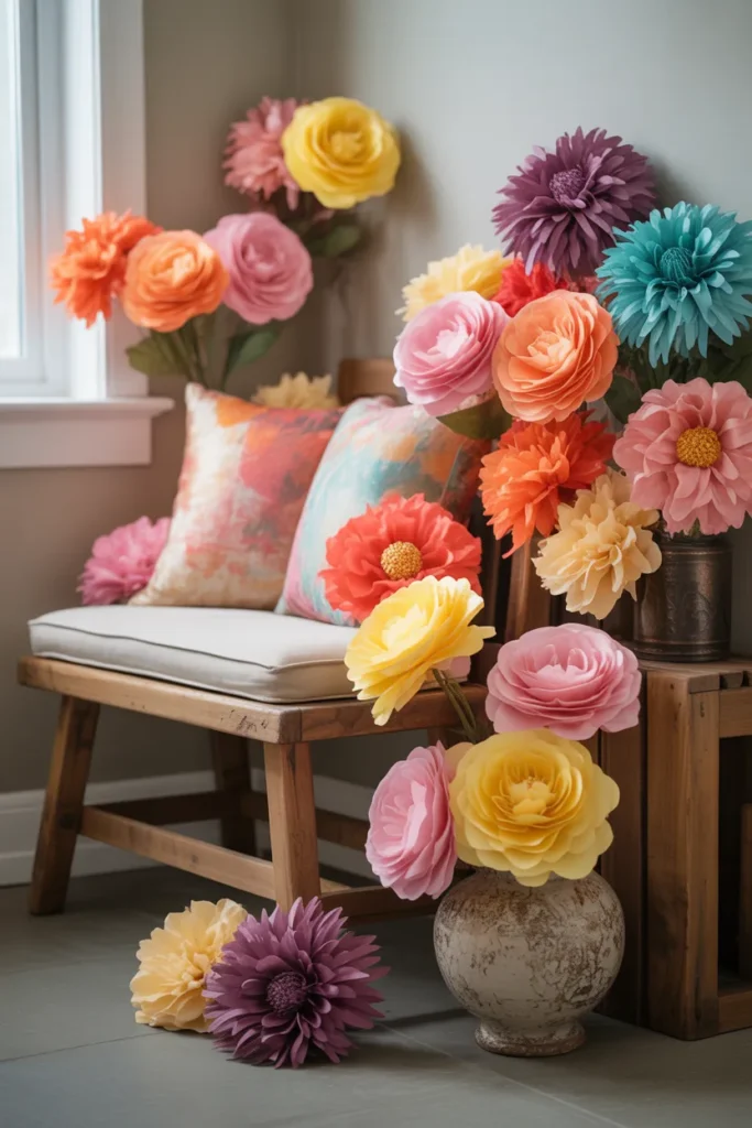 15. Artistic Bench with Mixed Paper Flowers