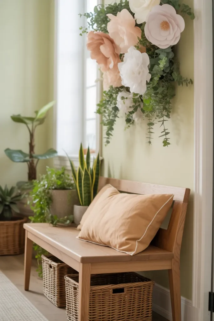 20. Nature-Inspired Bench with Greenery and Paper Flowers