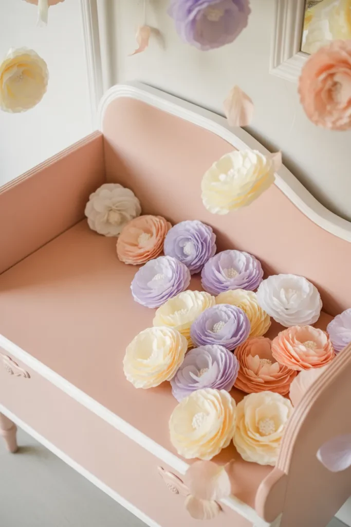 21. Soft Pastel Theme with Paper Blossoms