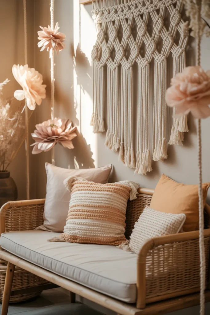 3. Boho Style with Hanging Paper Flowers