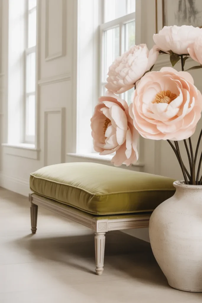 4. Elegant Bench with Paper Peony Arrangement